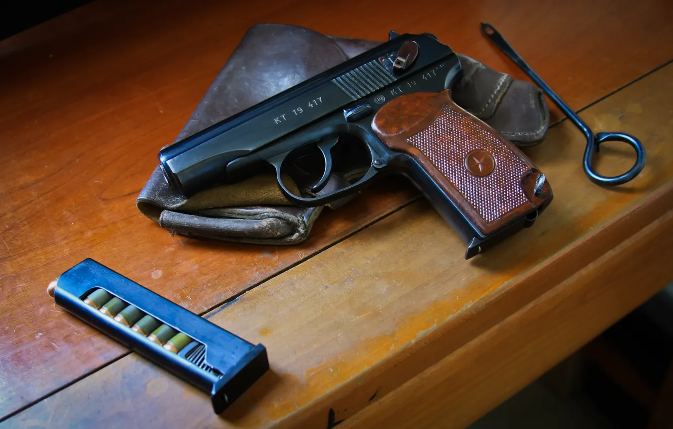 Photo wallpaper gun, weapons, table, cartridges, shop, holster, self-loading, Makarova