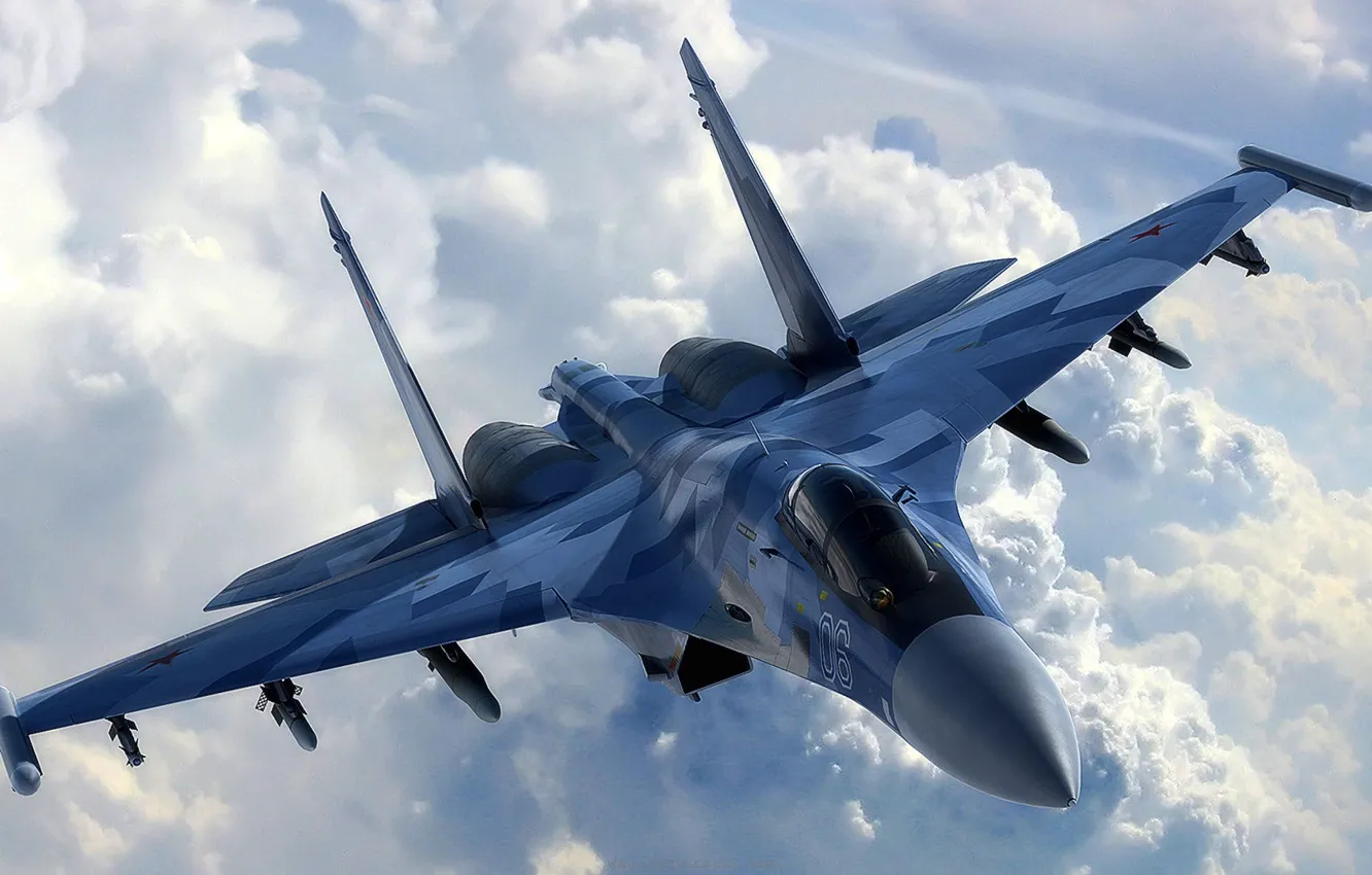 Photo wallpaper the sky, clouds, the plane, fighter, multipurpose, super-maneuverable, su-35, su-35