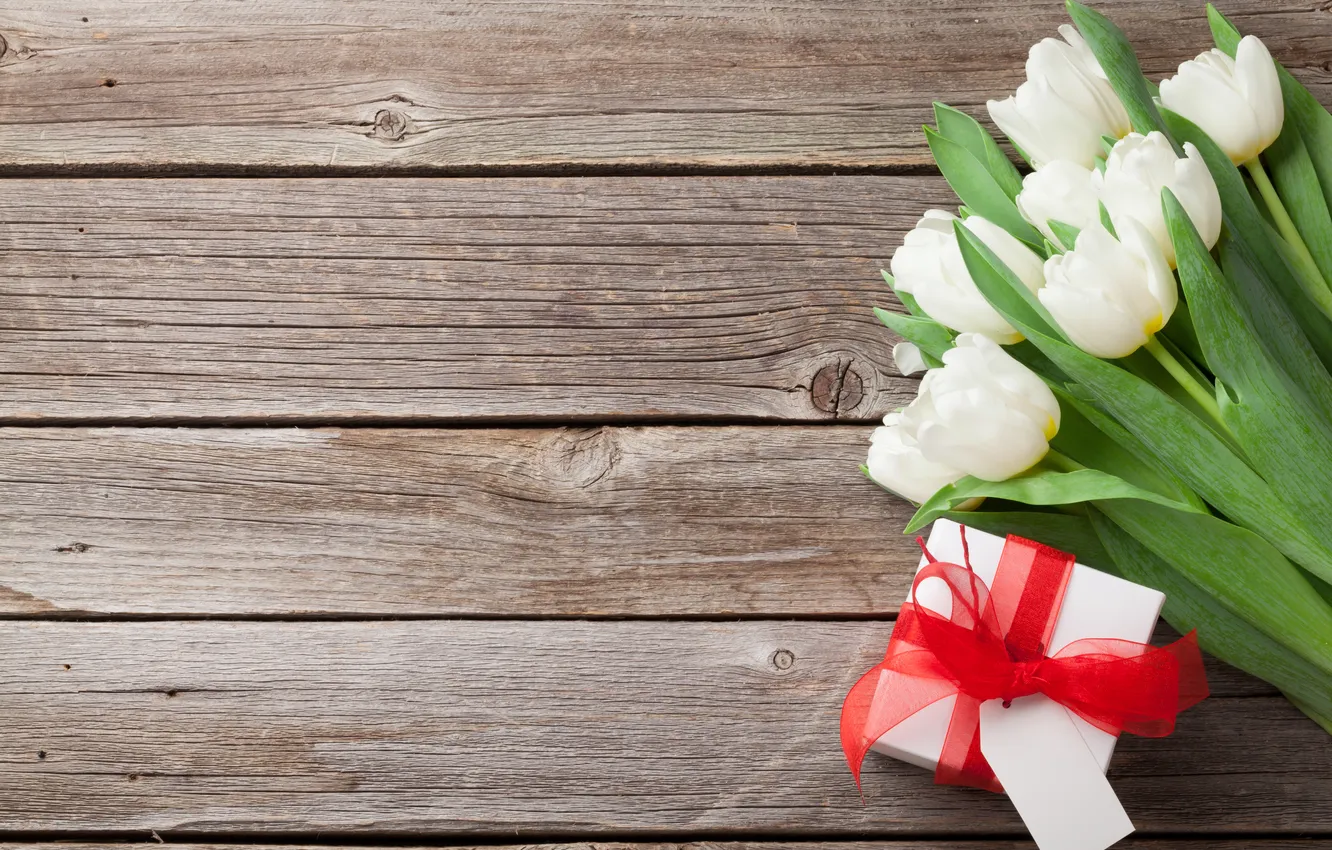 Photo wallpaper flowers, bouquet, tulips, white, wood, flowers, tulips, spring