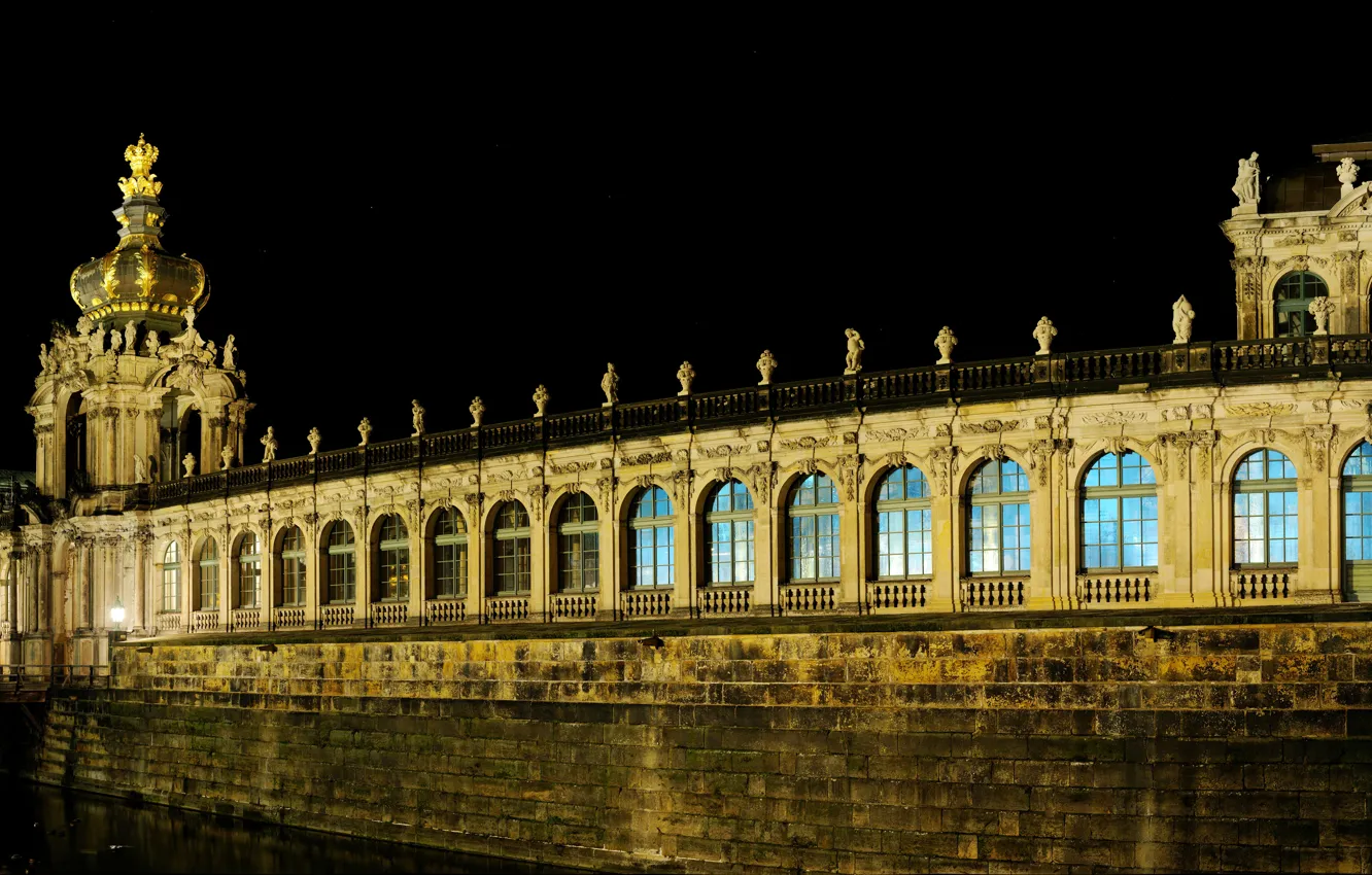 Photo wallpaper night, bridge, lights, Germany, Dresden, lights, channel, architecture