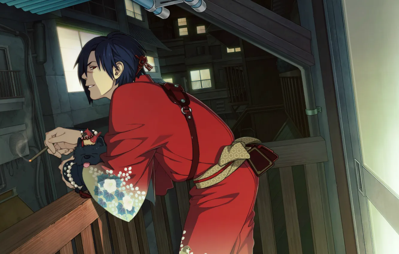 Photo wallpaper the evening, cigarette, balcony, kimono, dog, scar, the light in the Windows, DRAMAtical Murder
