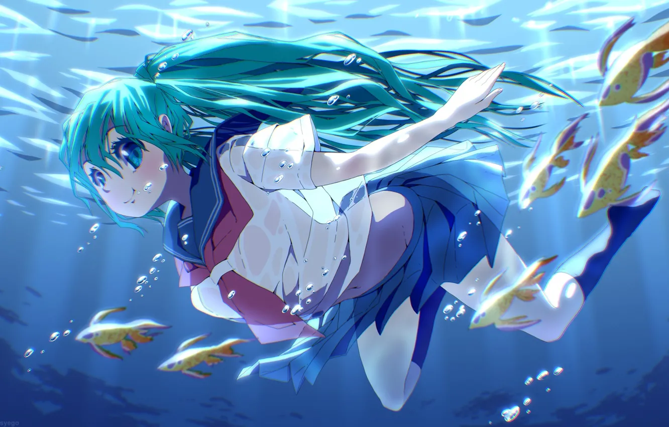 Photo wallpaper girl, fish, smile, bubbles, anime, art, form, schoolgirl