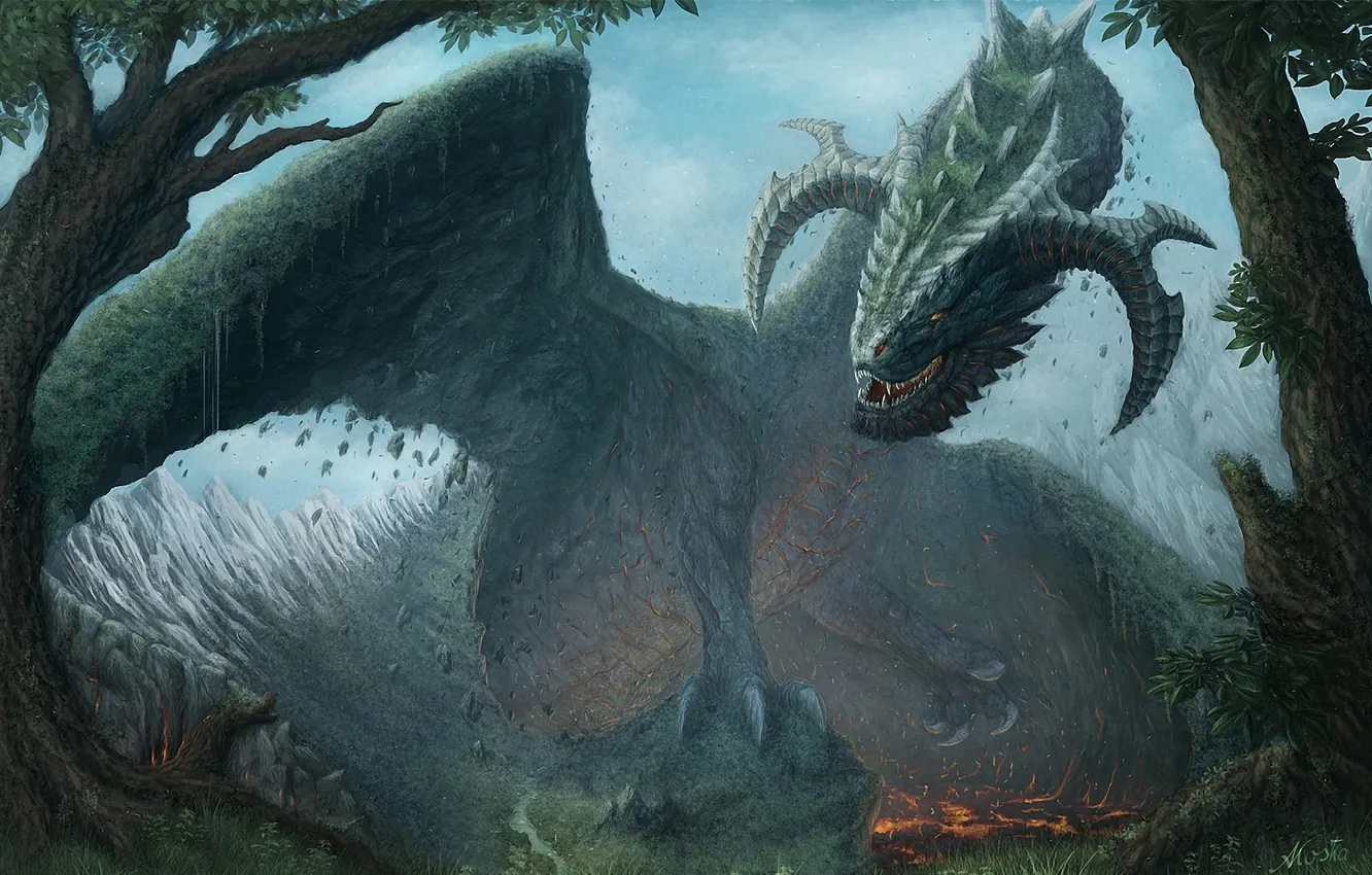 Photo wallpaper trees, mountains, nature, earth, dragon, art, horns, giant
