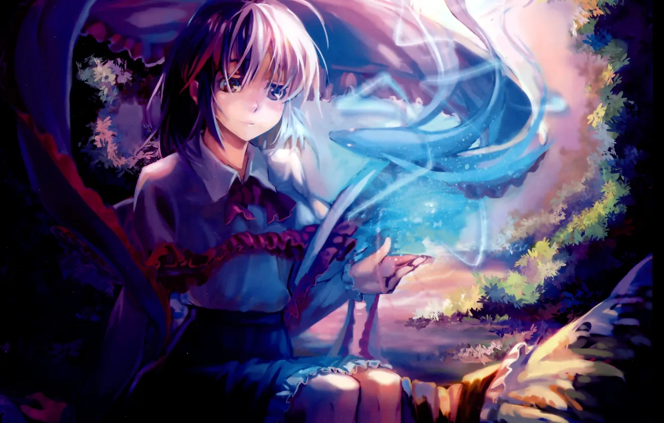 Photo wallpaper girl, trees, nature, magic, fish, art, touhou, shawl