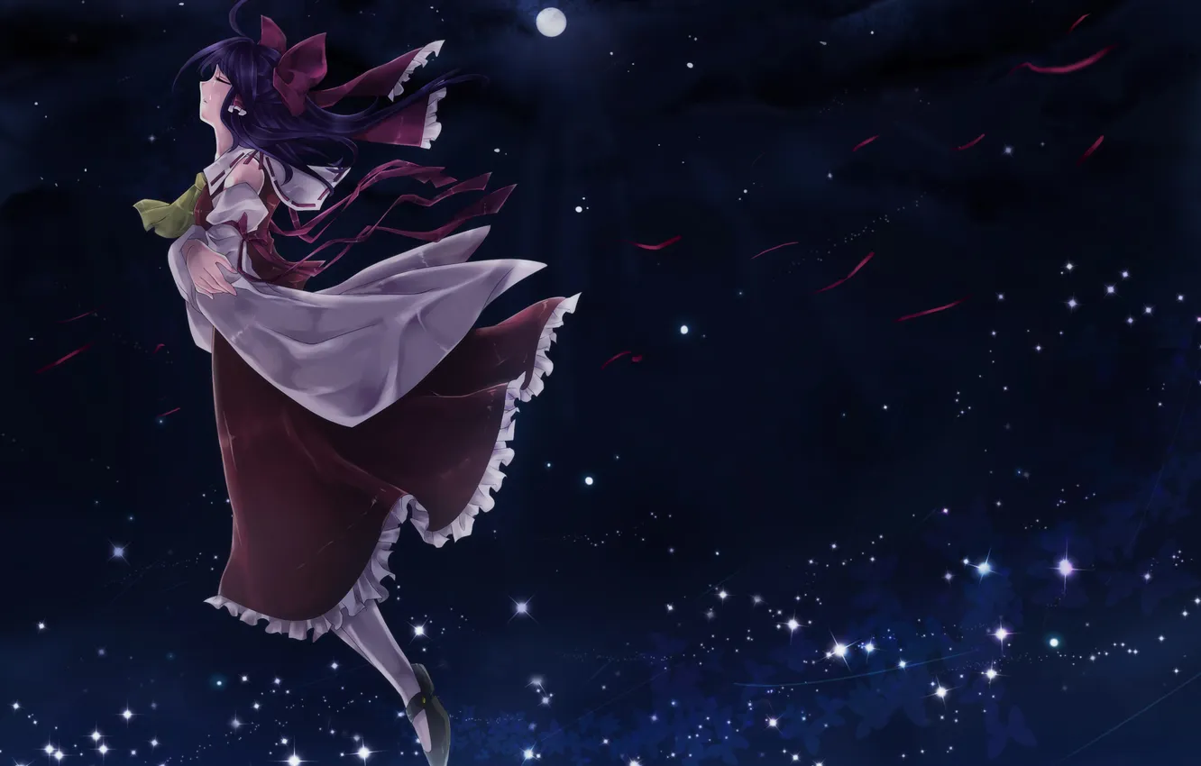 Photo wallpaper the sky, girl, stars, clouds, flight, night, the moon, butterfly