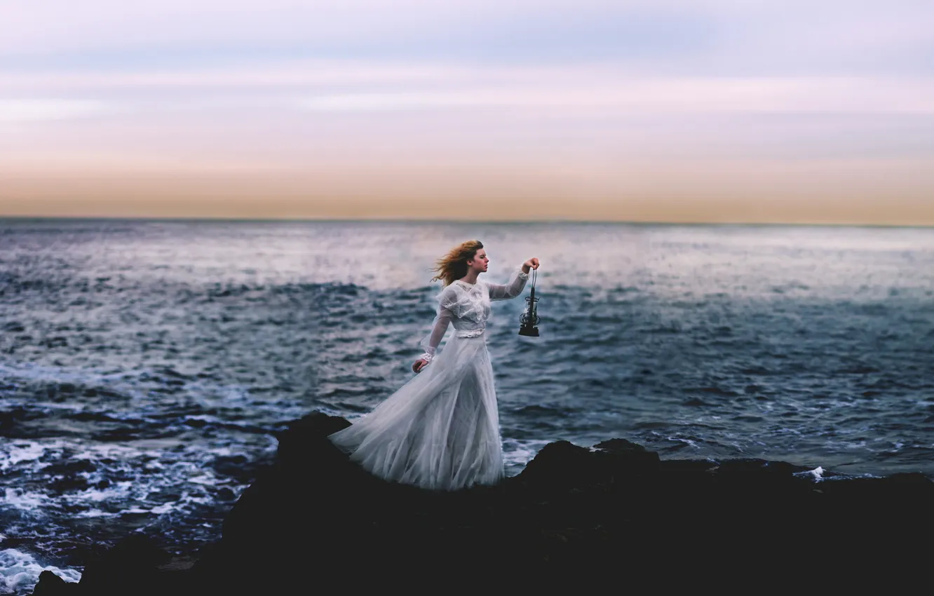 Photo wallpaper sea, girl, lamp