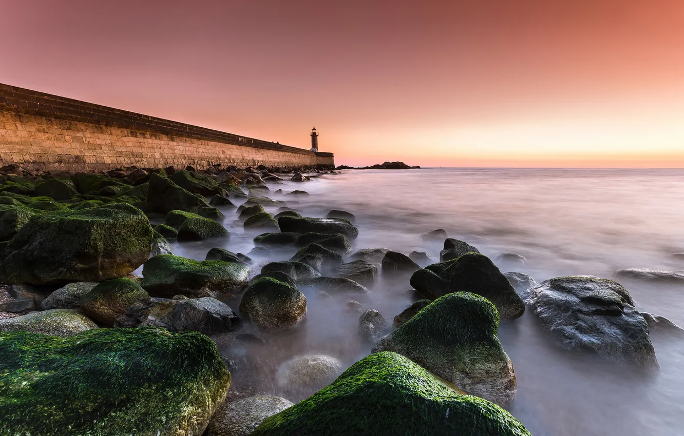 Photo wallpaper rock, sky, sea, sunset, lighthouse
