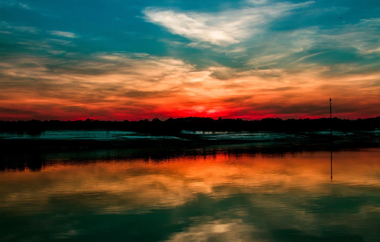 Photo wallpaper the sky, water, clouds, sunset, glow