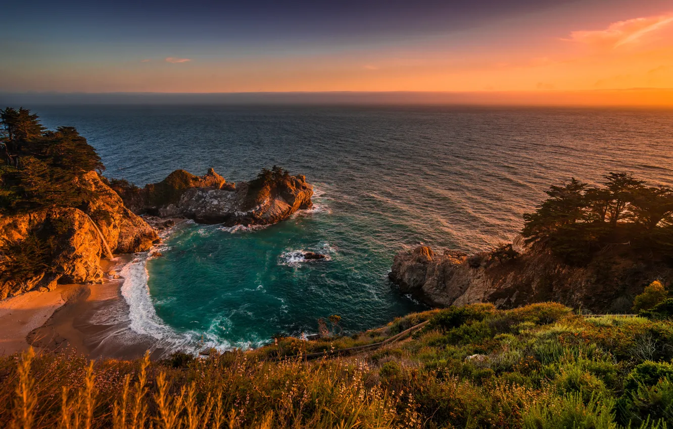 Photo wallpaper the ocean, rocks, coast, waterfall, Pacific Ocean, California, The Pacific ocean, Big Sur