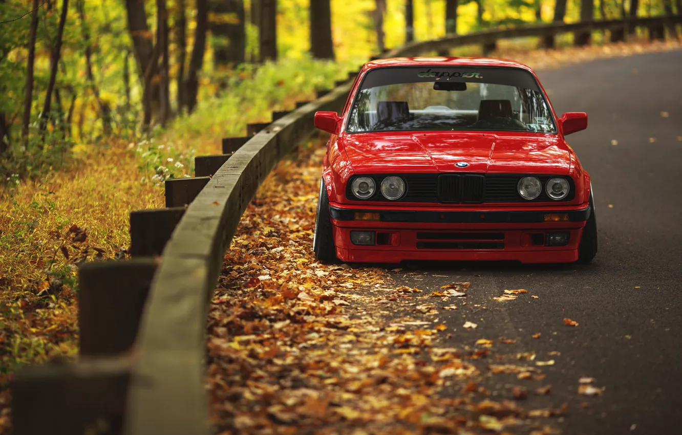 Photo wallpaper road, autumn, leaves, BMW, E30