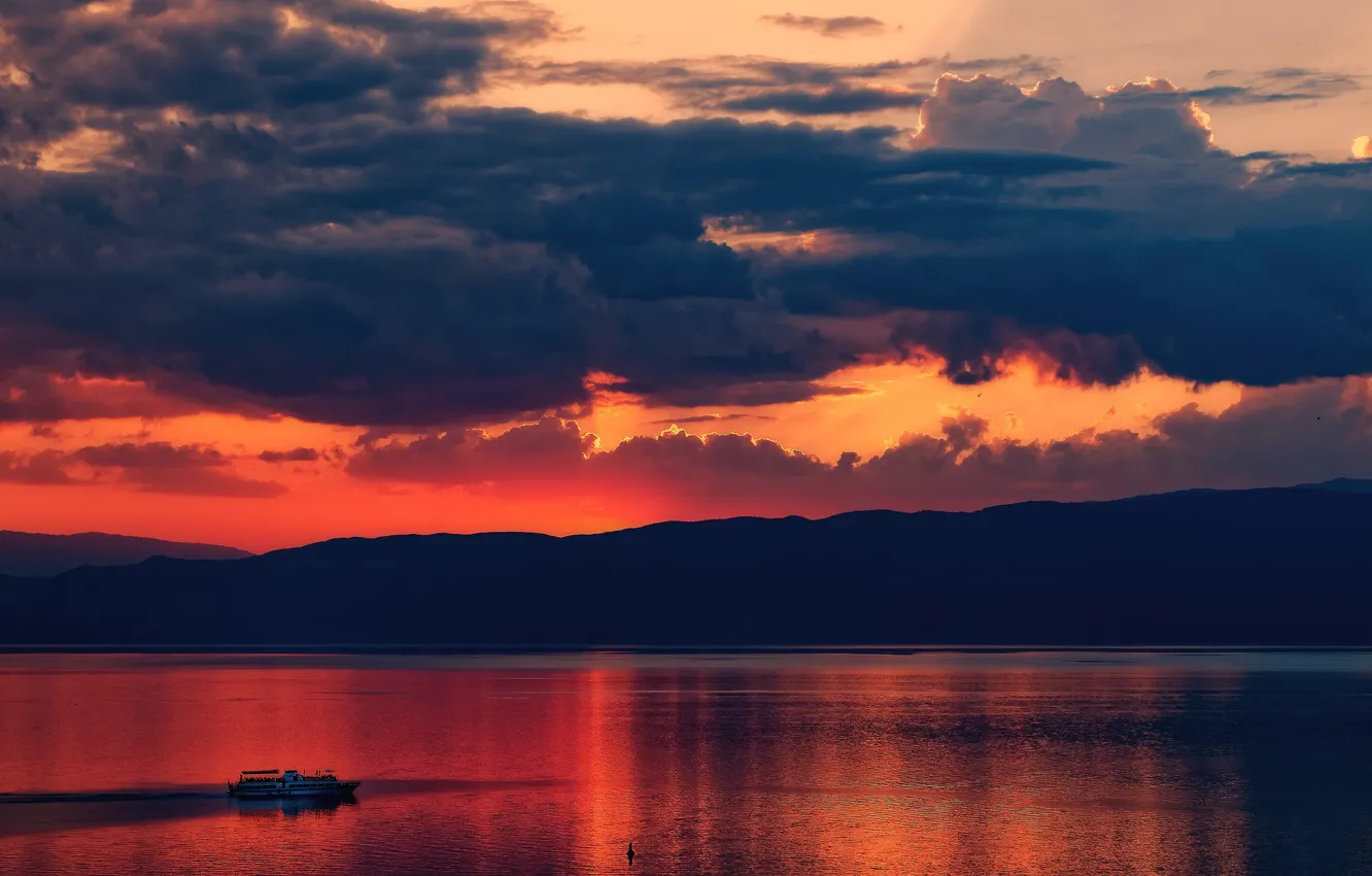 Photo wallpaper twilight, sunset, clouds, lake, hills, dusk, boat, silhouettes