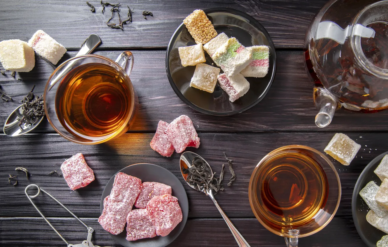 Photo wallpaper glass, table, tea, Board, kettle, candy, spoon, the tea party