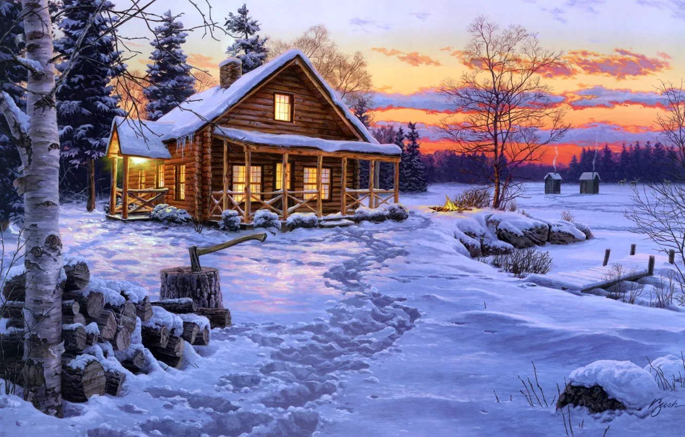 Photo wallpaper winter, snow, house, fire, spruce, the evening, the fire, wood