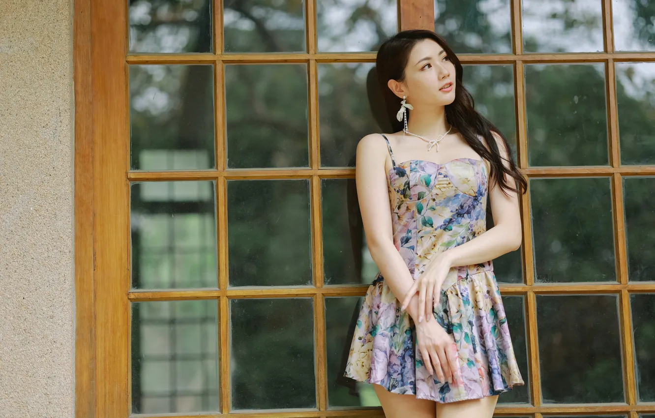 Photo wallpaper model, portrait, hands, makeup, figure, dress, brunette, window