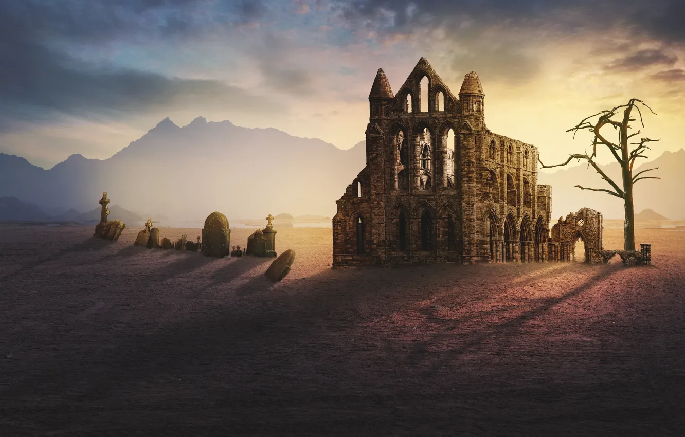 Photo wallpaper the sky, clouds, light, landscape, mountains, fog, rendering, castle