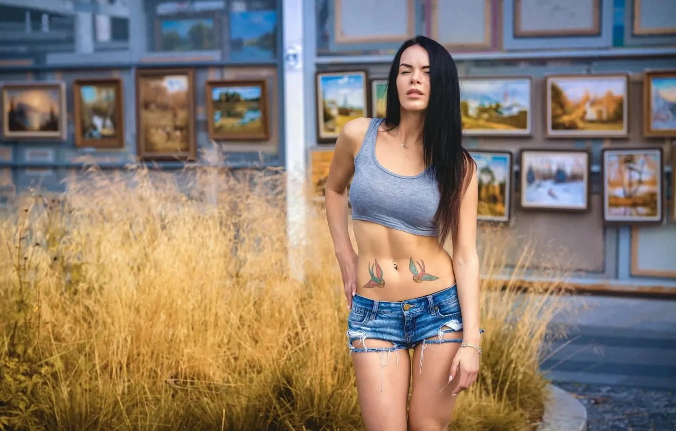 Photo wallpaper girl, shorts, beautiful, model, tattoo, brunette
