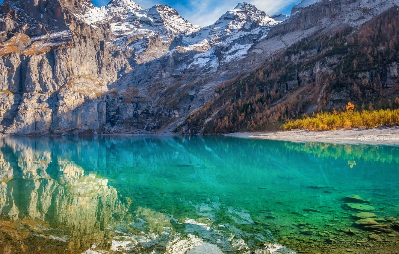 Photo wallpaper mountains, lake, rocks, shore
