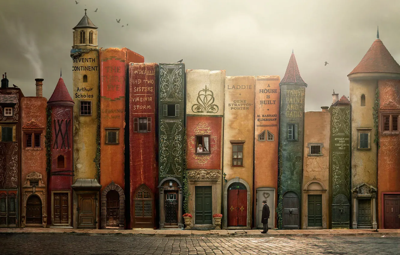Photo wallpaper fantasy, cover, book, the old man, male, house, town, Tracy Lundgren