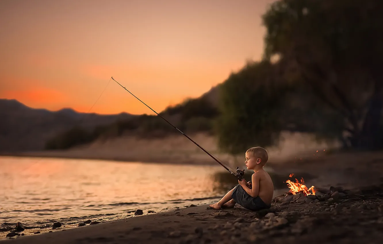 Photo wallpaper river, fishing, boy