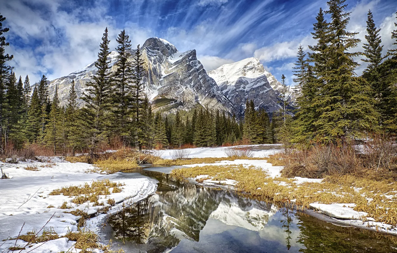 Photo wallpaper winter, the sky, clouds, snow, trees, mountains, river, stream