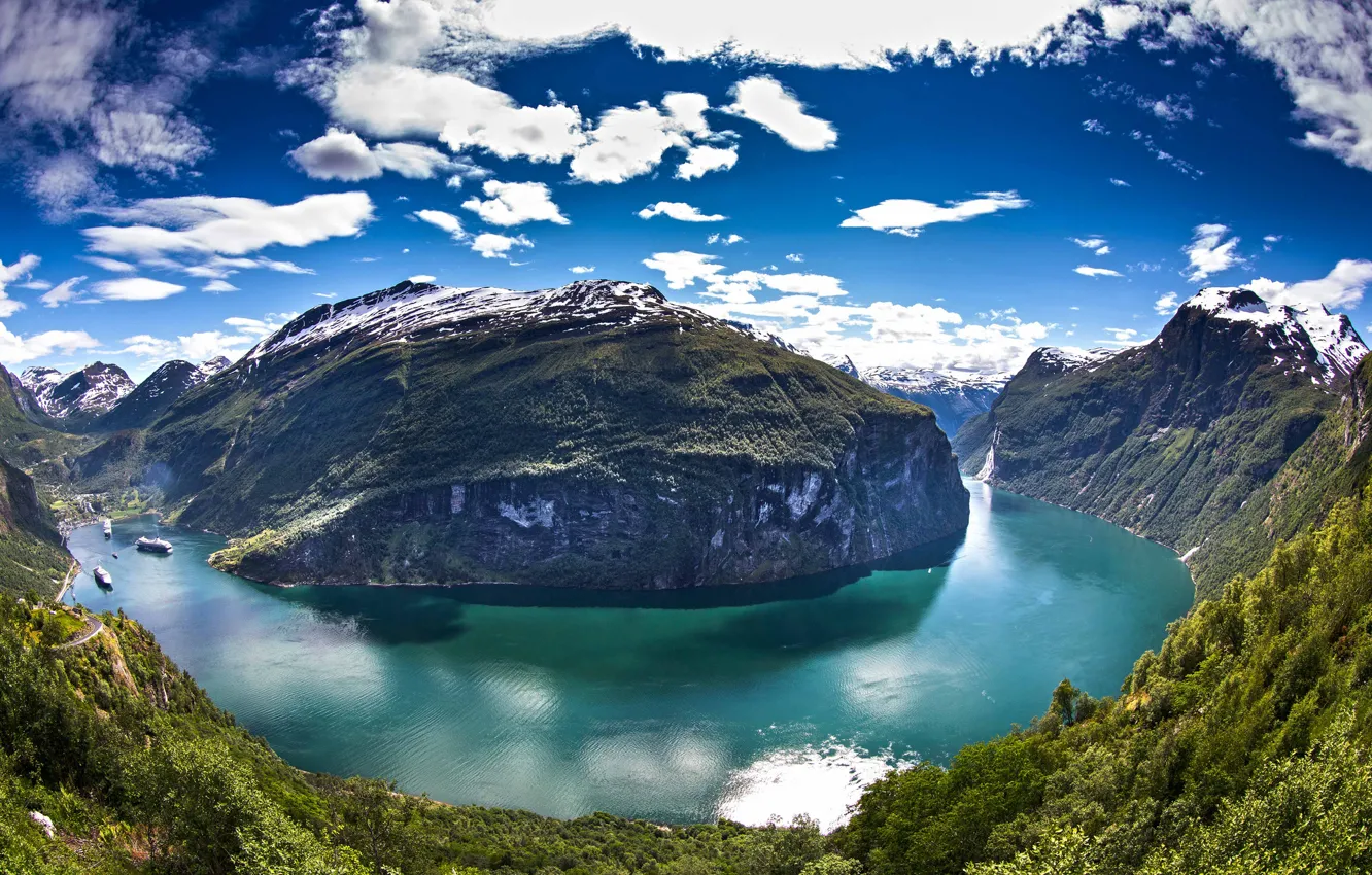 Photo wallpaper the sky, water, clouds, mountains, ships, Norway, Norway, the fjord