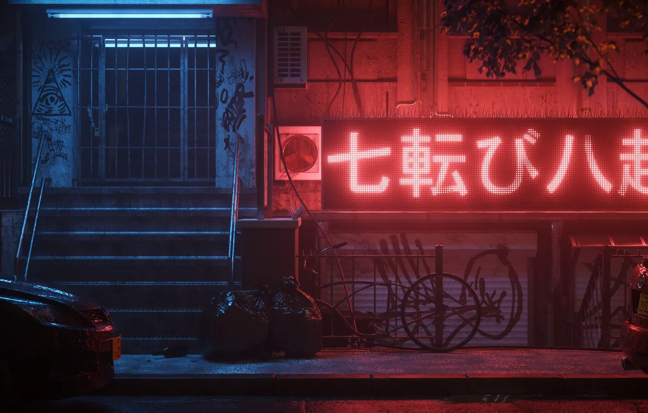 Photo wallpaper night, the city, street, neon, art, Oskar Woinski, Neon Haze