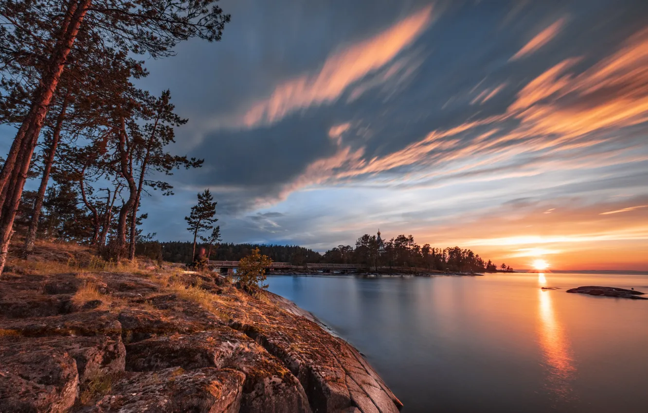 Photo wallpaper forest, landscape, nature, stones, dawn, island, morning, Lake Ladoga