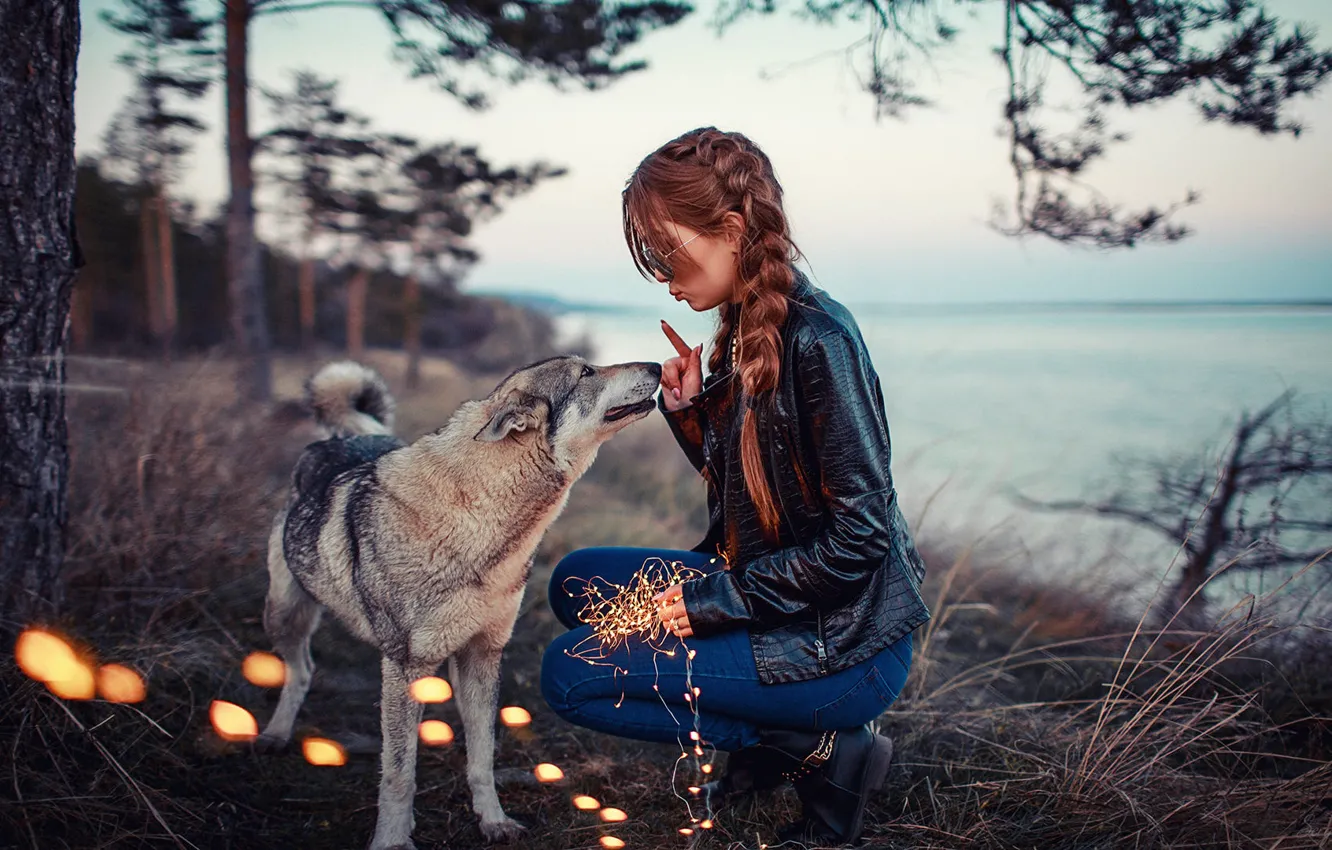 Photo wallpaper autumn, girl, pose, river, dog, jacket, garland, Anastasia