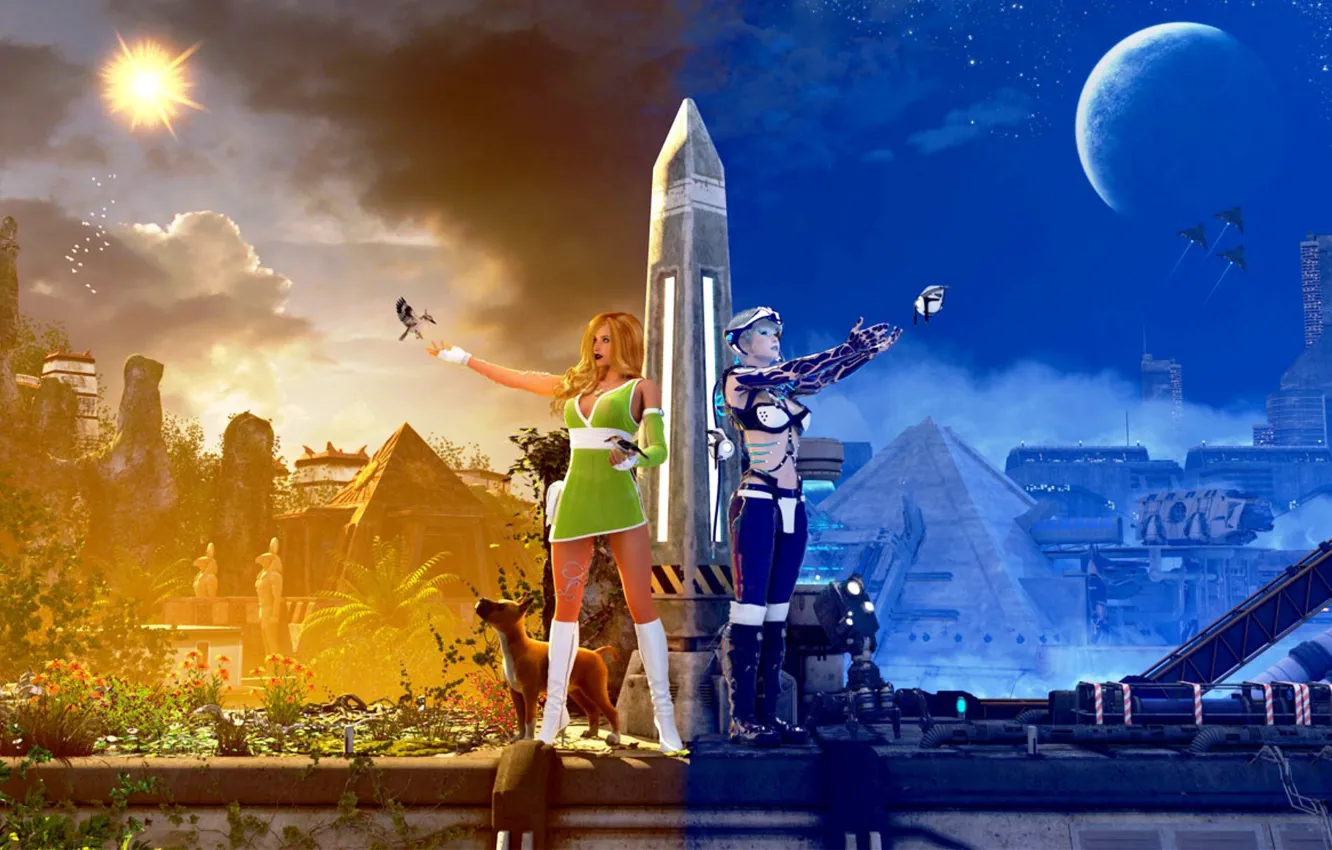 Photo wallpaper the sky, the sun, stars, clouds, night, planet, dog, day