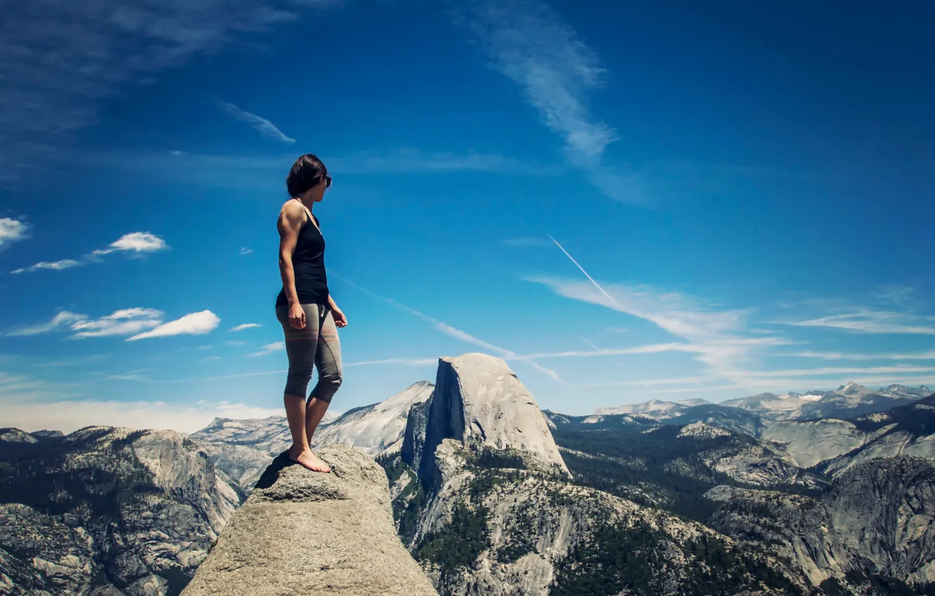 Photo wallpaper girl, view, CA, Yosemite, Yosemite Valley, Sierra Nevada, scenic valley