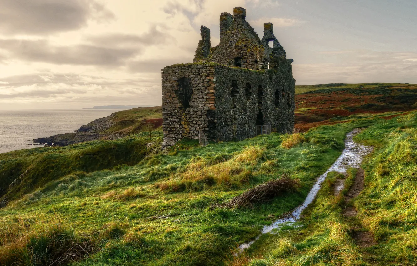 Photo wallpaper grass, castle, hills, ruins, path