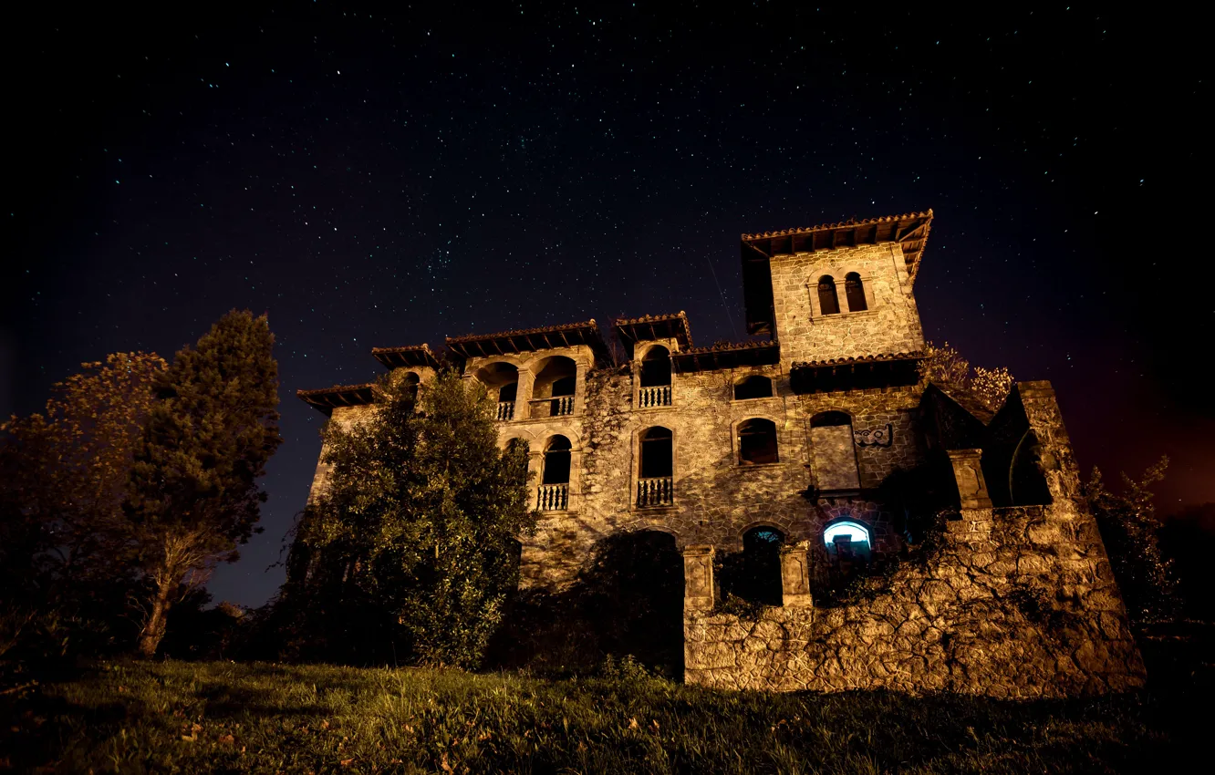 Photo wallpaper grass, stars, trees, night, darkness, castle, window, arch