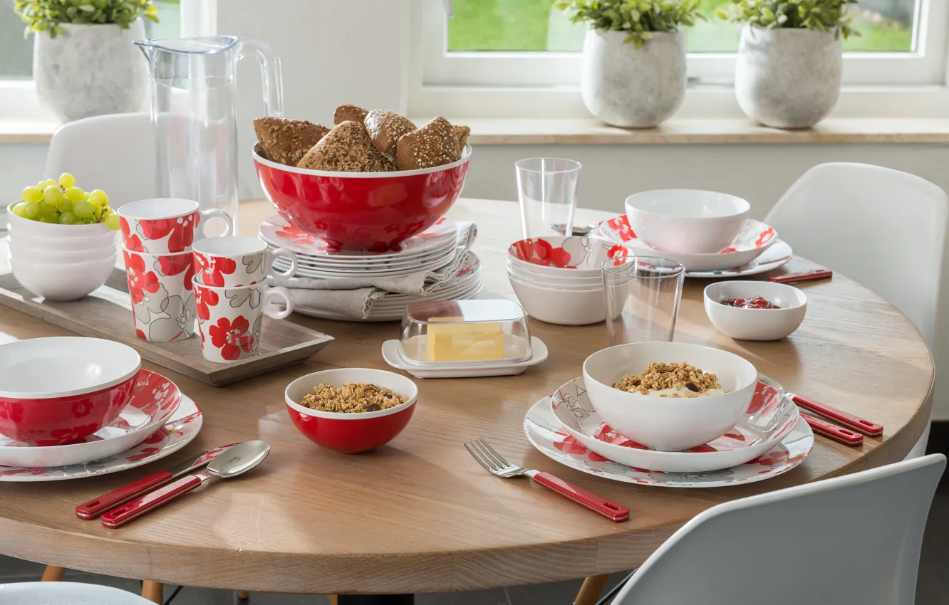 Photo wallpaper muesli, yogurt, buns, Breakfast, muesli, grapes