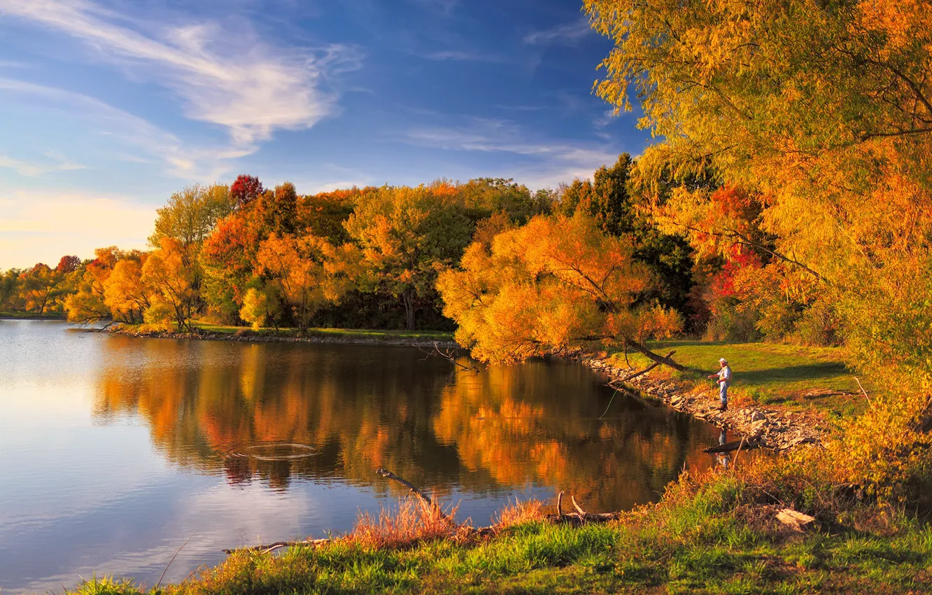 Photo wallpaper trees, reflection, shore, fishing, fisherman, male, pond, Golden autumn