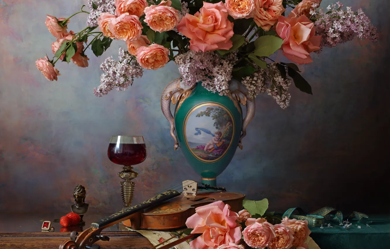 Photo wallpaper flowers, violin, glass, roses, vase, still life, lilac, Andrey Morozov