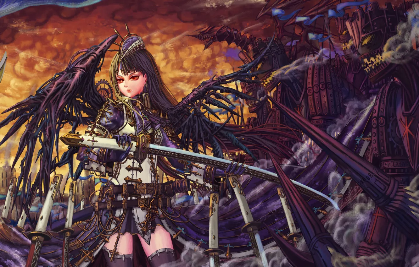 Photo wallpaper girl, robot, wings, sword, art