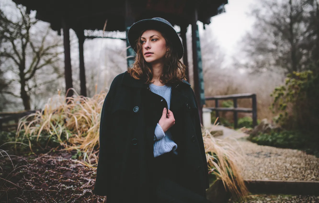 Photo wallpaper forest, eyes, girl, hair, hat, lips, the bushes, sweater