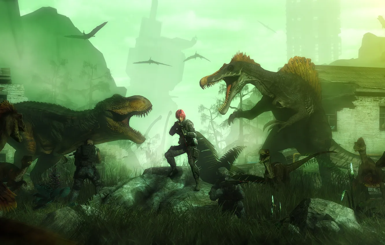 Photo wallpaper the city, soldiers, fan art, dinosaurs, t-rex, Dino Crisis