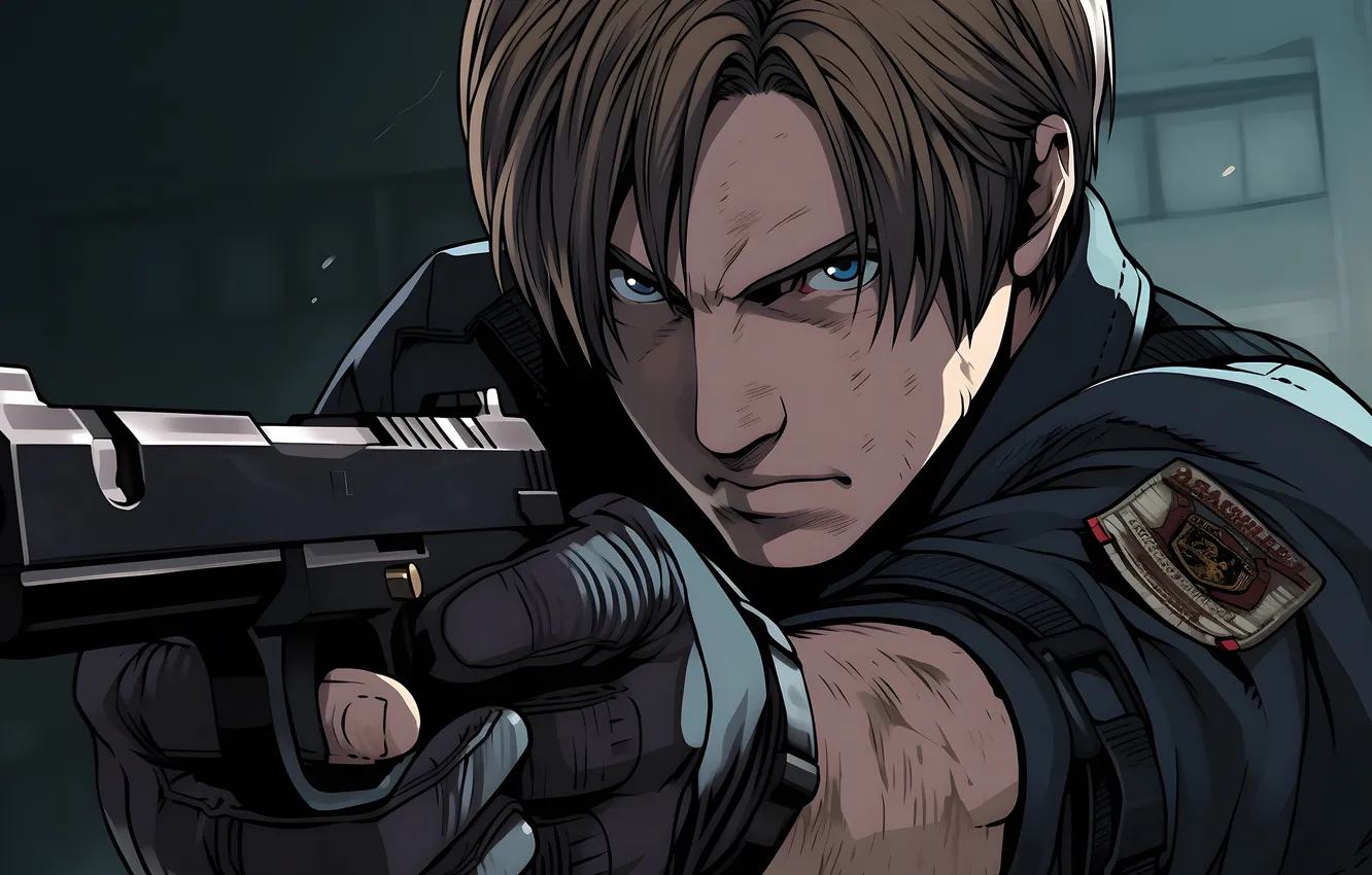 Photo wallpaper gun, pistol, logo, resident evil, biohazard, police, blue eyes, man