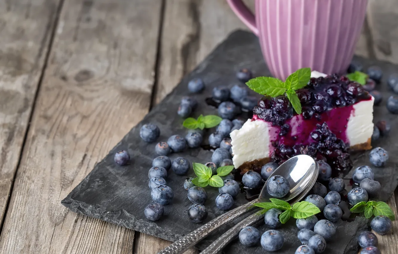 Photo wallpaper berries, spoon, Cup, blueberries, cheesecake