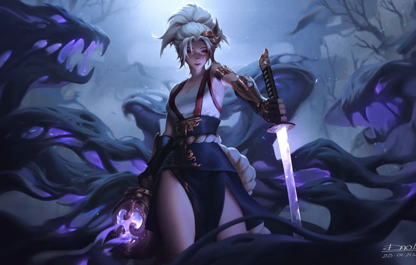 Photo wallpaper girl, sword, girl, sword, monsters, blonde hair, monster, fantasy art