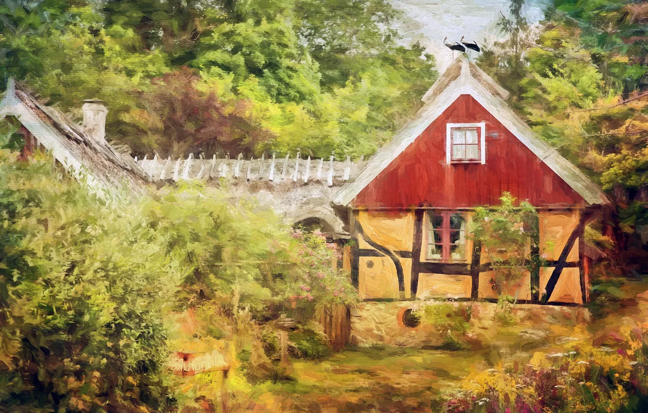 Photo wallpaper summer, trees, home, picture, garden, art, stork, house