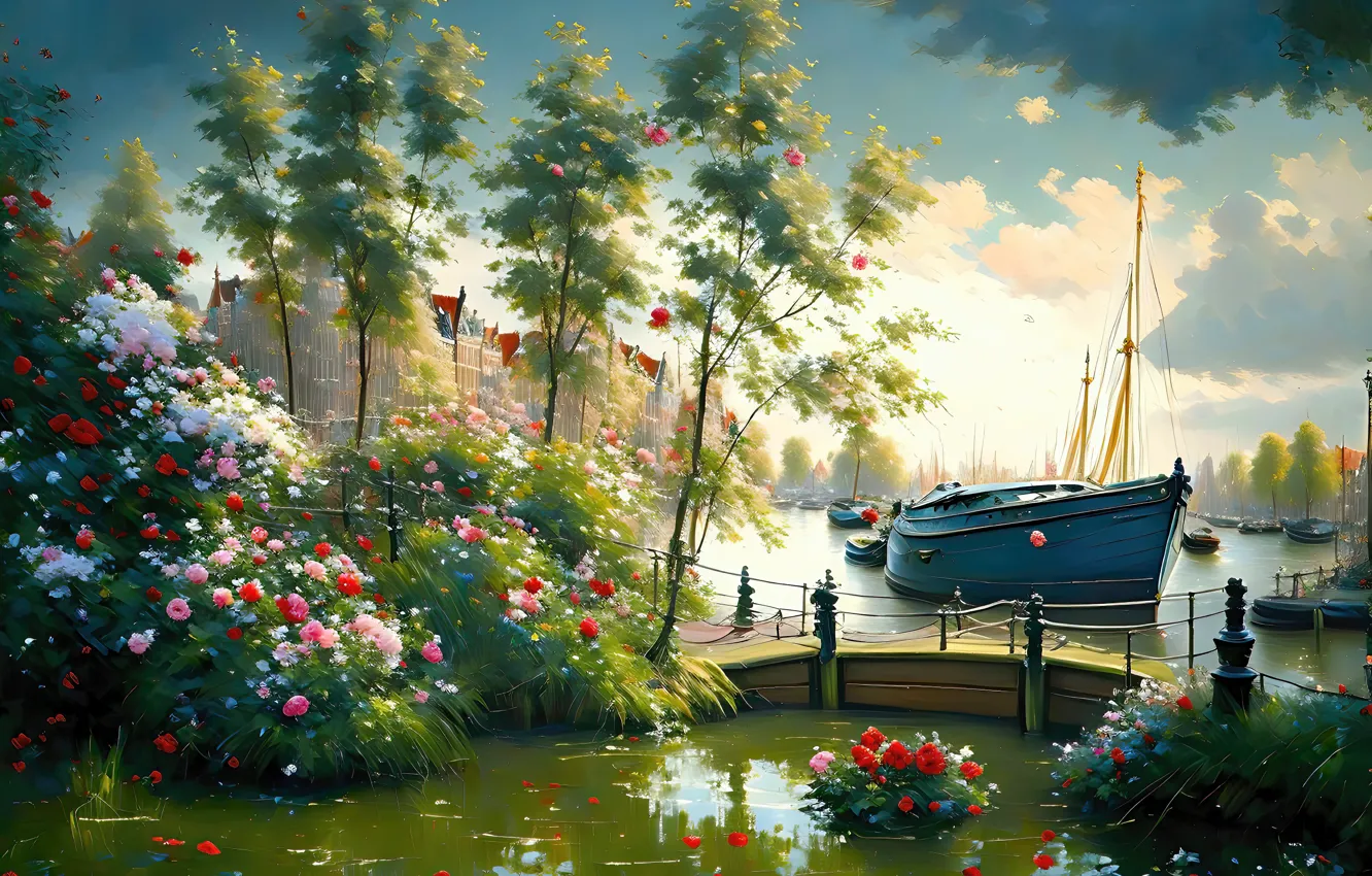 Photo wallpaper summer, clouds, trees, landscape, flowers, nature, lake, pond