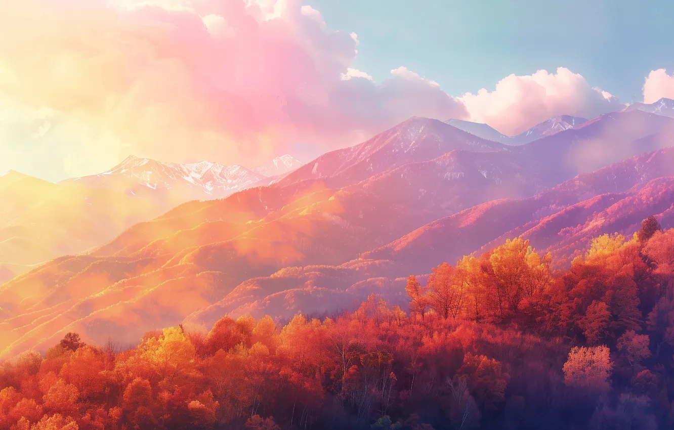 Photo wallpaper autumn, clouds, mountains, fog, morning, slope, haze, AI art