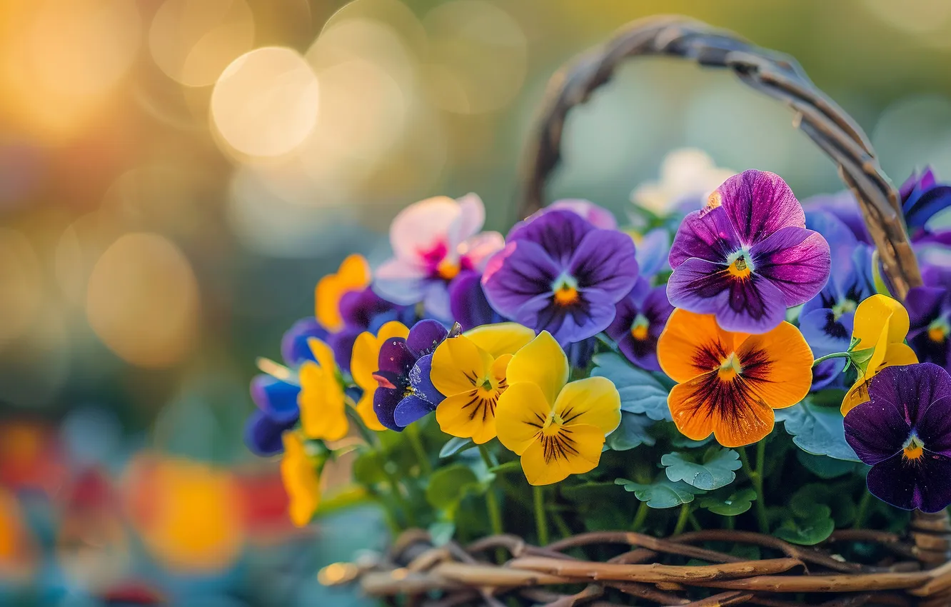 Photo wallpaper flowers, spring, Pansy, basket, viola, AI art, neural network