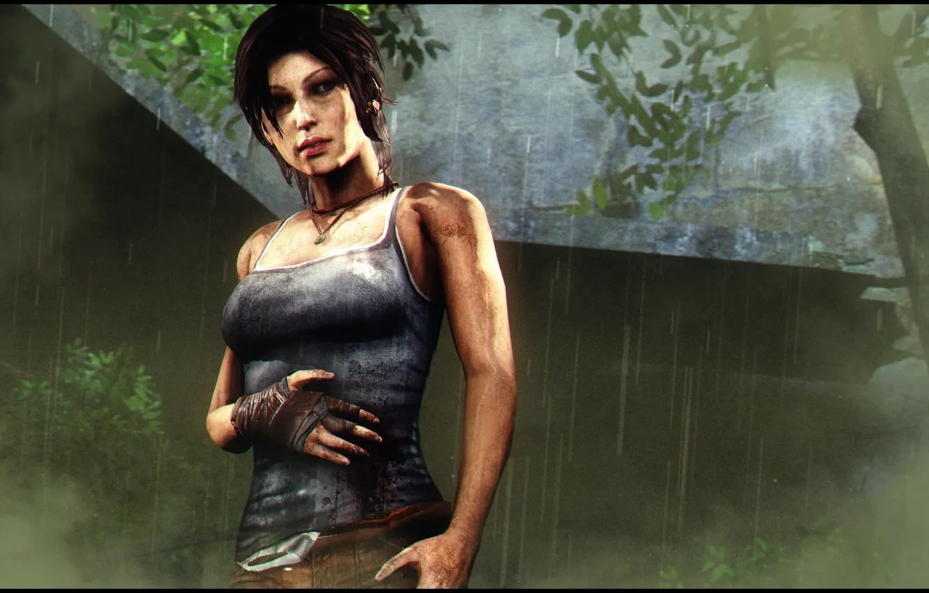 Photo wallpaper forest, girl, rain, Lara Croft, wounds