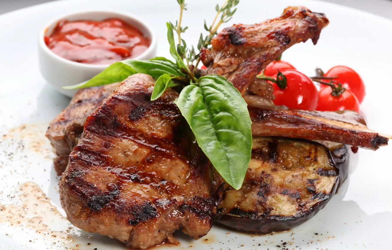 Photo wallpaper meat, tomatoes, Basil