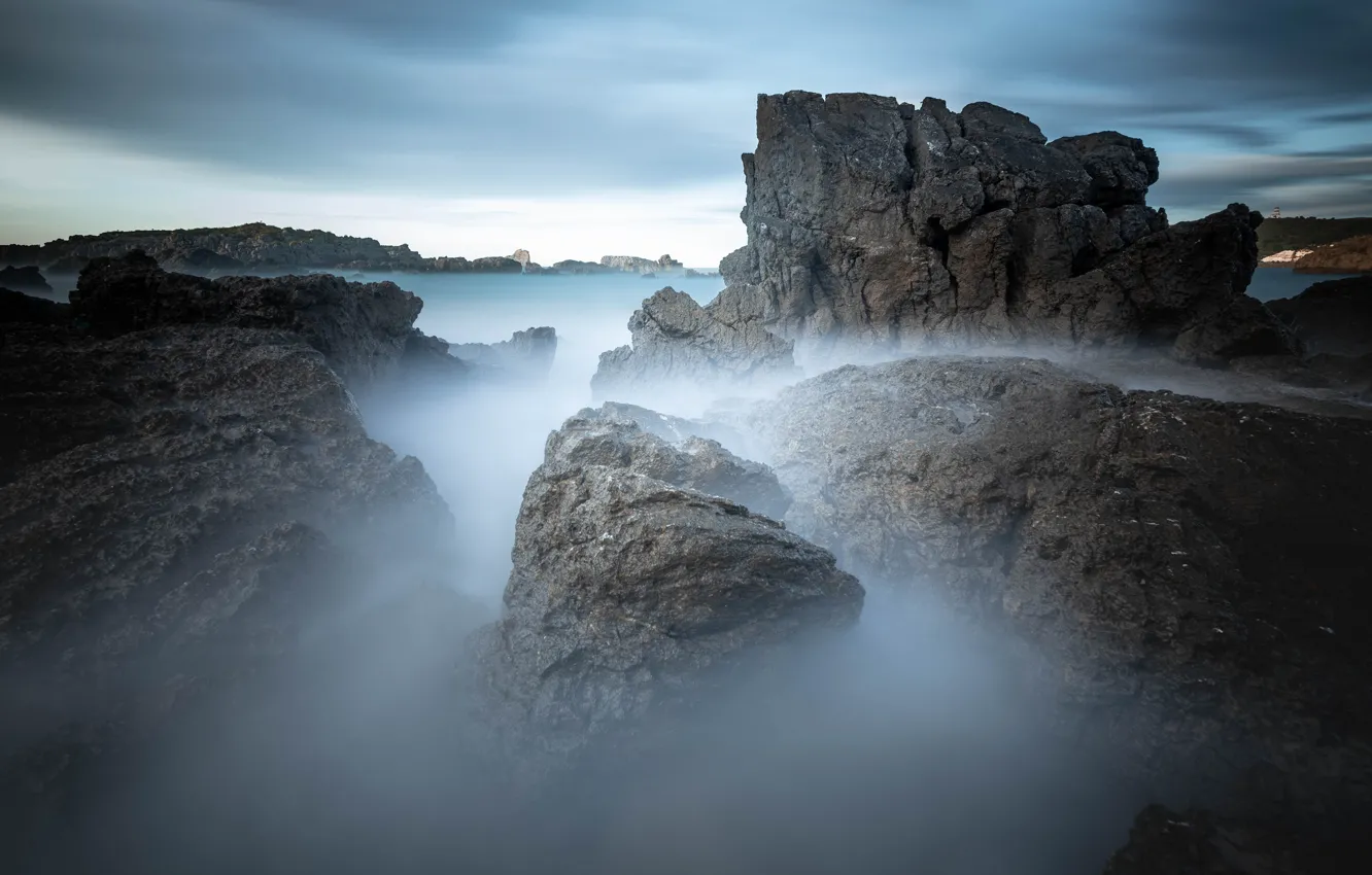 Photo wallpaper sea, fog, stones, rocks, morning