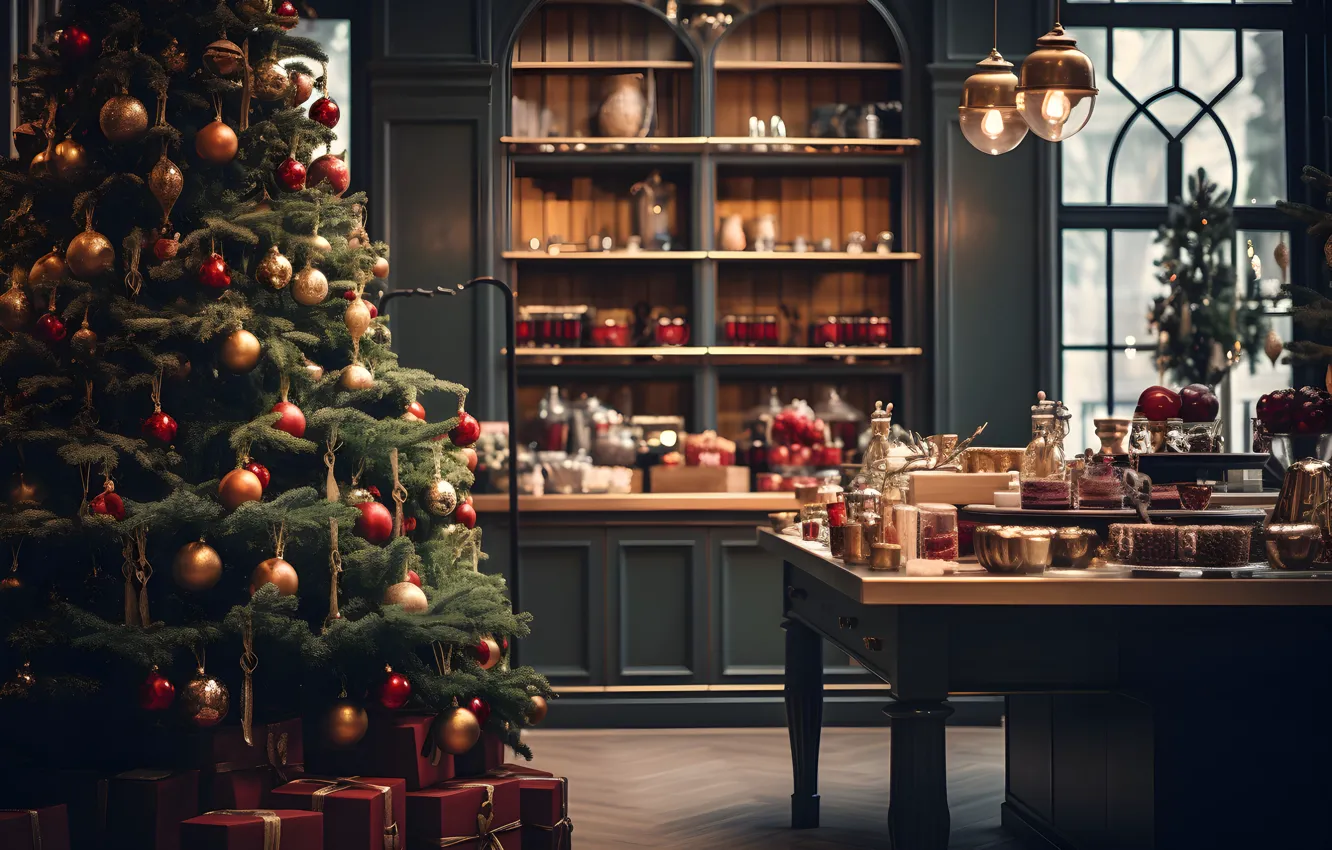 Photo wallpaper balls, light, red, table, tree, new year, interior, spruce