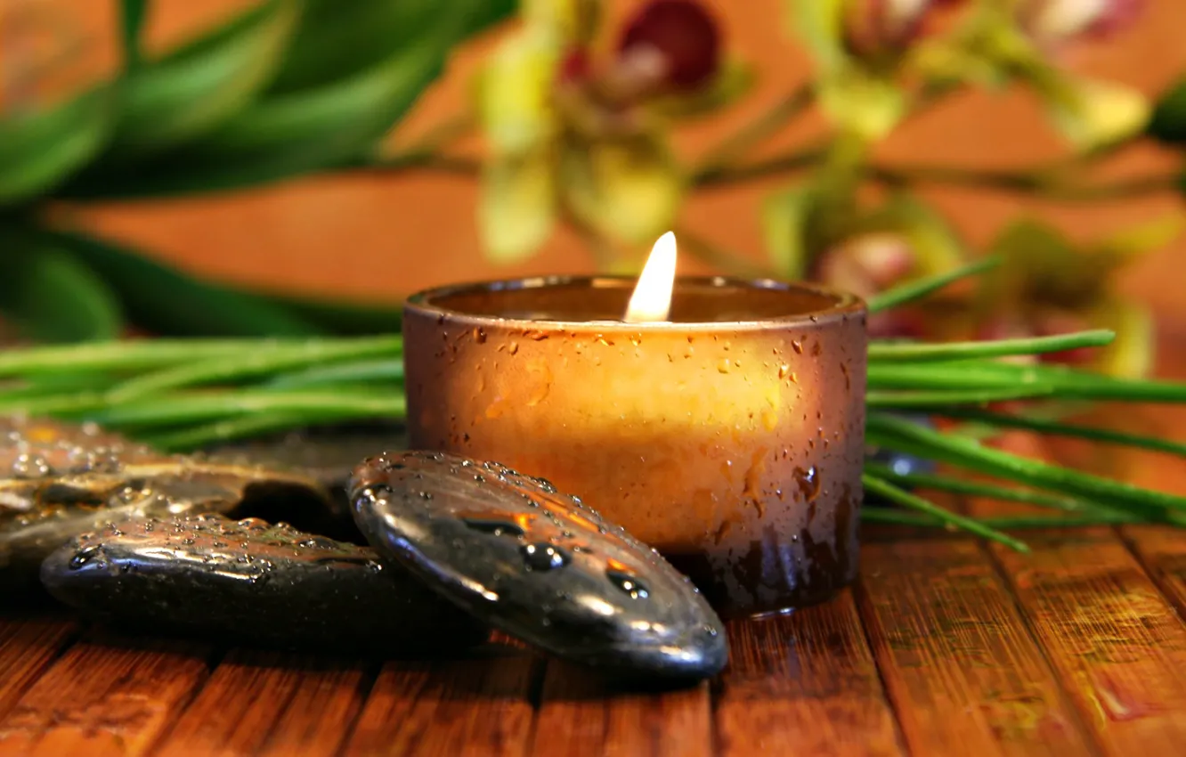 Photo wallpaper greens, stones, relax, black, candles, relaxation